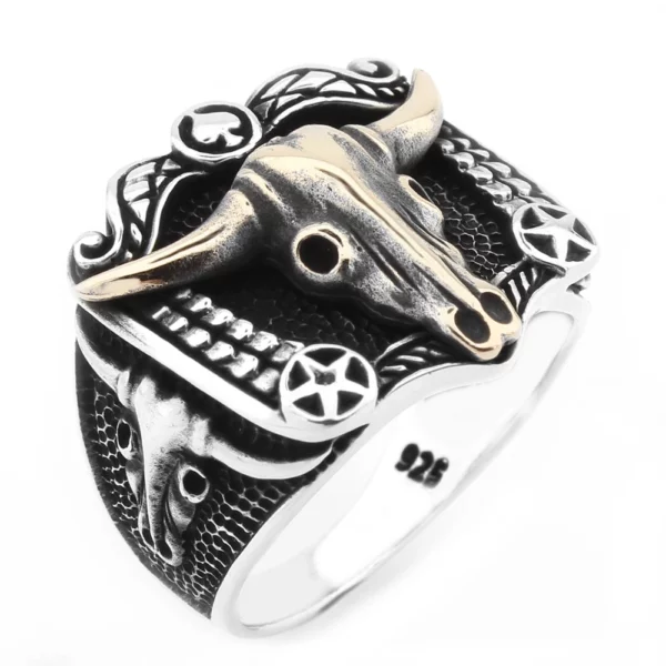 925 Sterling Silver Oxidized Bull Skull Men Ring