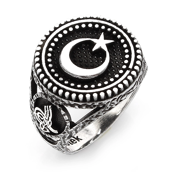 925 Sterling Silver Oxidized Star and Crescent Men Ring 18