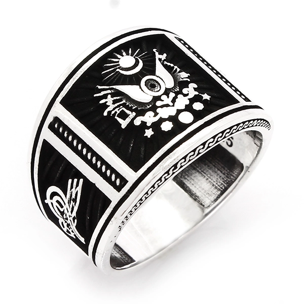 925 Sterling Silver Oxidized Ottoman Emblem Men Ring 4