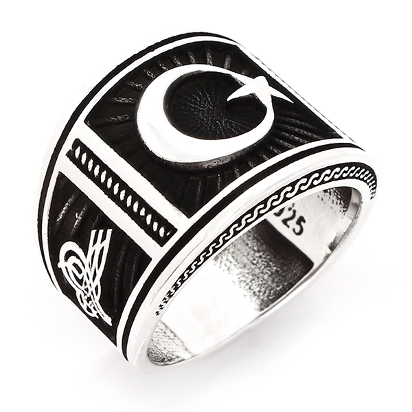 925 Sterling Silver Oxidized Star and Crescent Men Ring 21