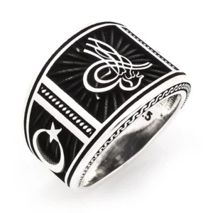 925 Sterling Silver Oxidized Ottoman Tughra Men Ring 26