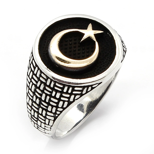 925 Sterling Silver Oxidized Star and Crescent Men Ring 25