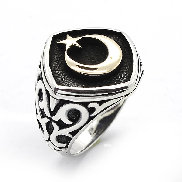 925 Sterling Silver Oxidized Star and Crescent Men Ring 26