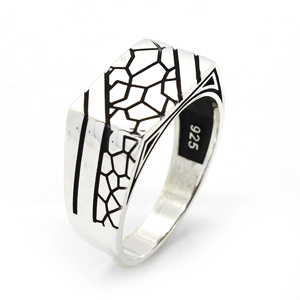 925 Sterling Silver Oxidized Striped Men Ring 18
