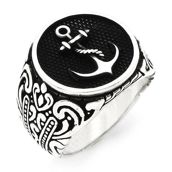 925 Sterling Silver Oxidized Anchor Men Ring 11