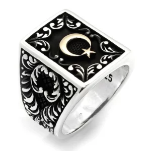 925 Sterling Silver Oxidized Star and Crescent Men Ring 5