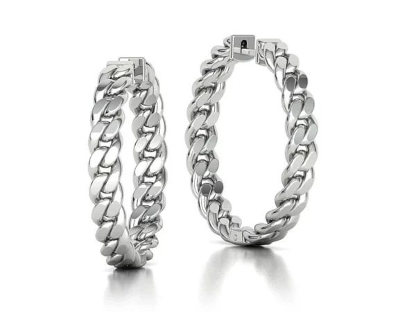 Elegant Hoops Chain Earrings with a sleek, shiny finish, featuring a unique chain detail connecting to a classic hoop design, perfect for adding a sophisticated touch to any outfit."