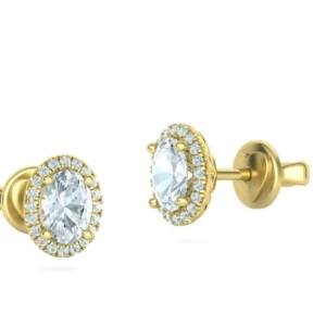 Elegant oval-shaped diamond stud earrings set in a minimalistic design, showcasing sparkling diamonds against a subtle metallic background, perfect for adding a touch of sophistication to any outfit.