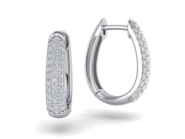 Elegant diamond hoop earrings with sparkling stones set in a polished gold metal, reflecting light brilliantly against a soft, velvety background