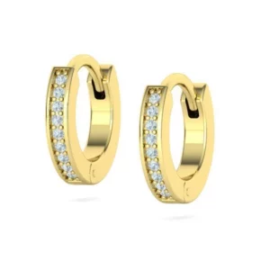 A pair of sophisticated small flat diamond hoop earrings displayed on a polished, dark wooden surface, emphasizing their brilliant shine and modern, streamlined design.