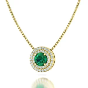 Elegant Diamond Round Pendant Double Halo Stone Necklace displayed on a white background, highlighting the intricate design and luminous diamonds.