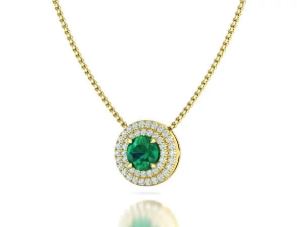 Elegant Diamond Round Pendant Double Halo Stone Necklace displayed on a white background, highlighting the intricate design and luminous diamonds.