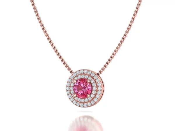 A person wearing the Diamond Round Pendant Double Halo Stone Necklace, illustrating its graceful fit and the way it complements a formal outfit.