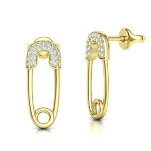 Elegant diamond-studded safety pin stud earrings in a bespoke design, featuring sparkling diamonds set in a high-quality metal safety pin-shaped frame, exemplifying a blend of rebellious style and luxury.