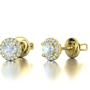 Elegant diamond stud earrings with a sparkling round halo design, set in polished gold or platinum, showcasing brilliance and sophistication.