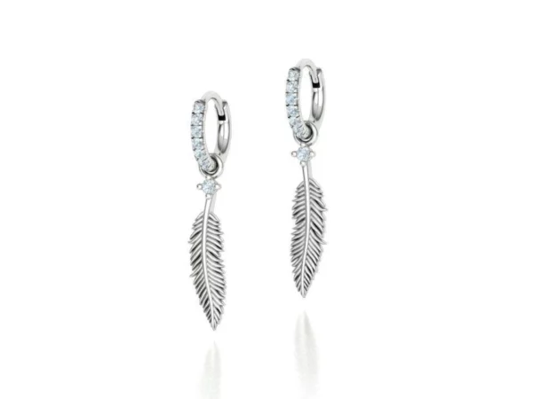 Elegant Feather Small Hoop Earrings displayed against a white background, emphasizing their unique feather design on silver hoops, perfect for adding a subtle, stylish flair to any outfit.