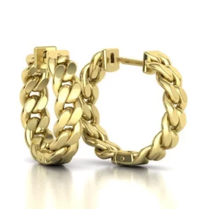 Elegant Earrings Hoop Cuban with a gold-tone finish, displayed on a velvet stand, highlighting the seamless blend of classic hoop style and modern Cuban link pattern.