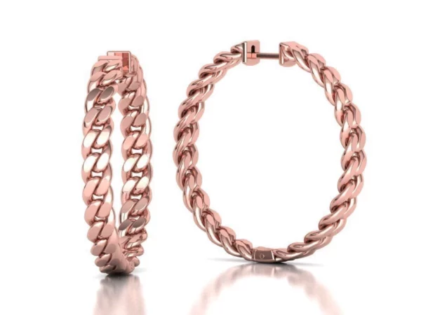 Stylish Hoop Cuban Earrings in polished rose gold, combining seamless hoop design with bold Cuban links, exuding a blend of contemporary elegance and classic style, suitable for various occasions."