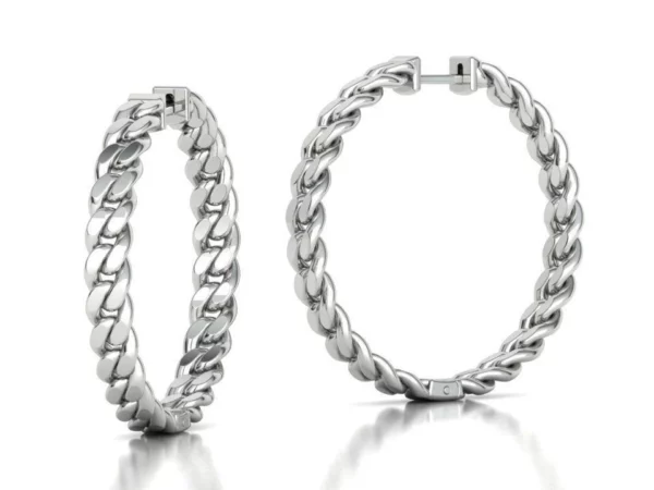 Elegant Hoop Cuban Earrings featuring a unique blend of classic hoop design and distinctive Cuban link pattern, crafted in shining gold, perfect for adding a sophisticated touch to any outfit.