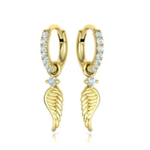 Elegant hoop earrings featuring a French pave setting with angel wing designs, showcasing sparkling stones on a shimmering, hypoallergenic metal surface.