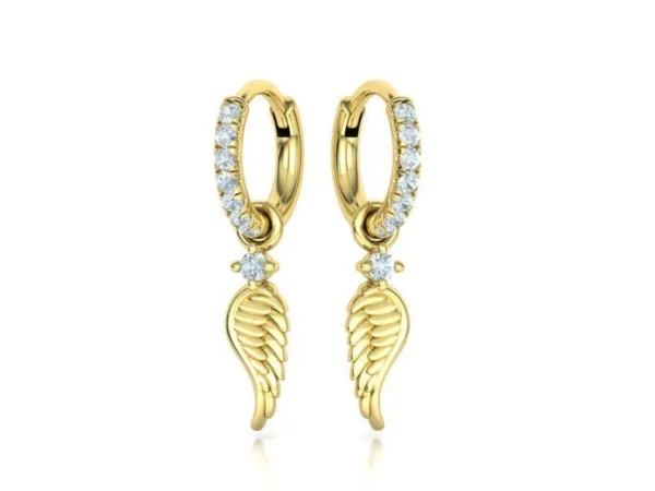 Elegant hoop earrings featuring a French pave setting with angel wing designs, showcasing sparkling stones on a shimmering, hypoallergenic metal surface.