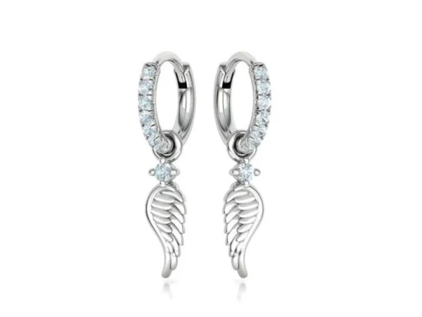 Close-up of sophisticated hoop earrings with intricately designed angel wings in a French pave setting, reflecting light beautifully on each gemstone