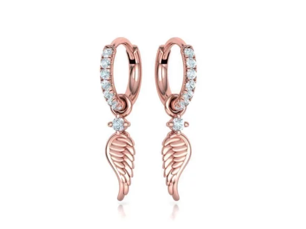 Stylish and timeless hoop earrings adorned with an angel wing motif, set in a dazzling French pave style, perfect for adding a touch of elegance to any outfit.
