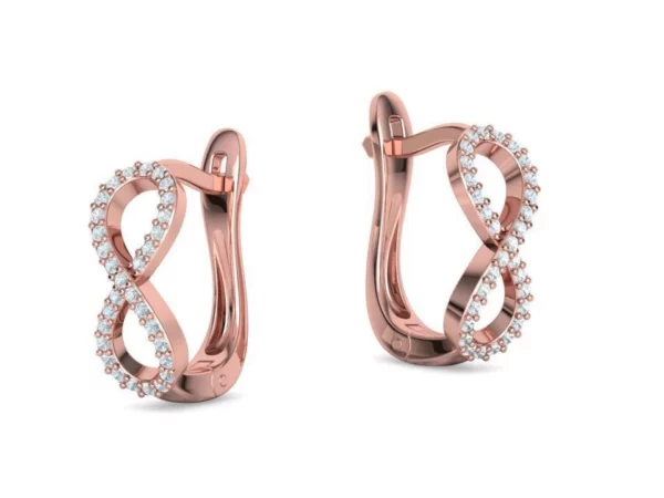 Close-up of Women's Huggie Infinity Diamond Earrings featuring a sparkling infinity symbol design with multiple small diamonds set in a polished silver metal, reflecting light brilliantly against a soft velvet background.