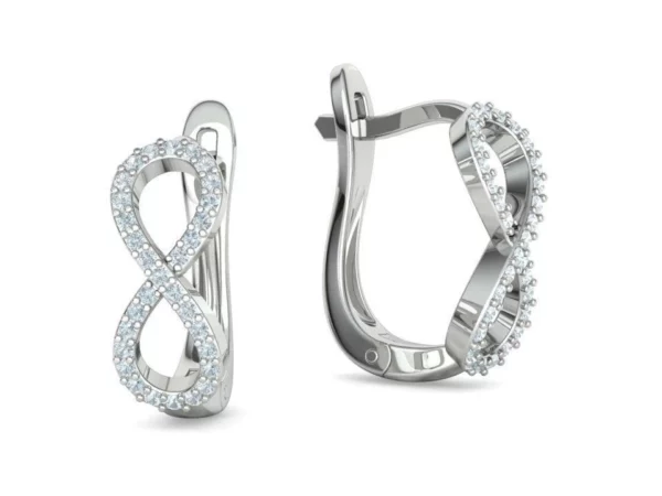 Elegant Women's Huggie Infinity Diamond Earrings displayed on a white stand, showcasing the intertwined infinity design with glistening diamonds, set in a delicate gold frame, embodying sophisticated charm.