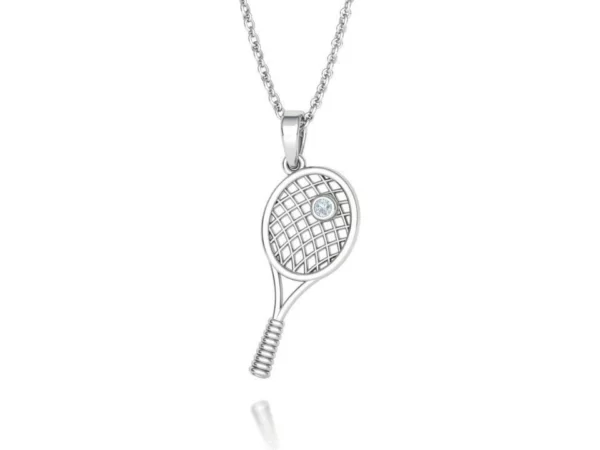 Close-up of a dainty Petite Tennis Racket Pendant Necklace, highlighting its detailed design and shiny finish.
