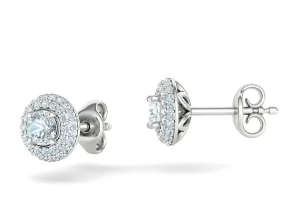 Sophisticated Round Halo Stud Earrings with a dazzling central stone and a delicate halo of pavé-set diamonds, elegantly displayed against a velvet background.