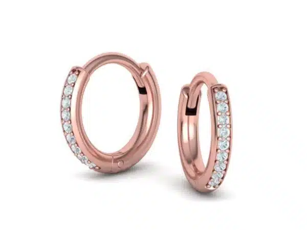 Pair of Small Diamond Hoop Earrings, each featuring a row of sparkling 1mm cubic zirconia stones set in an 8mm hoop, against a soft velvet background.