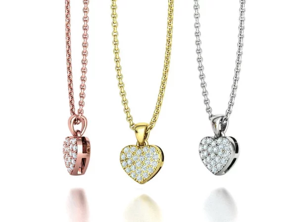 Chic Small Heart Pendant Diamond Necklace displayed against a soft background, highlighting its exquisite diamonds and timeless design.