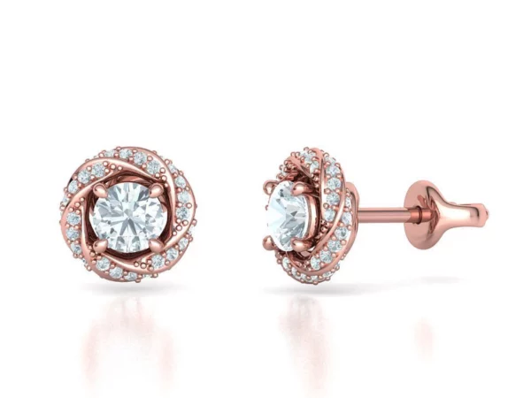 Elegant stud earrings featuring half-carat stones set in a bespoke design, with options in gold, silver, and platinum, showcased against a soft, neutral background highlighting their sparkle and craftsmanship.