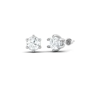 Round cut solitaire diamond stud earrings in a prong setting, reflecting light brilliantly.