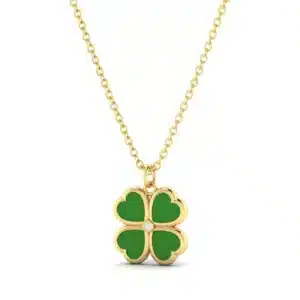 Clover-shaped pendant featuring vibrant green enamel and a central sparkling diamond, crafted in gold.