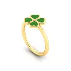 Four-Leaf Clover Ring with green enamel detailing and a sparkling center diamond, set against a contrasting background to highlight its design features and craftsmanship.