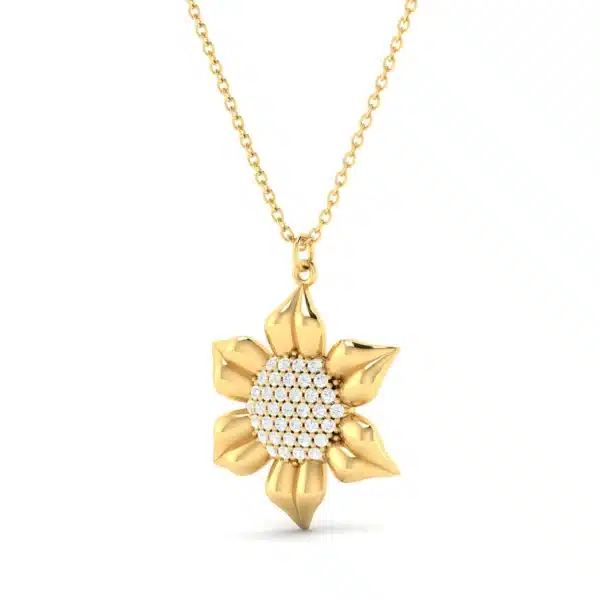 Sunflower Pendant with Pave Center, featuring intricate petal details and a shimmering pave-set center in a gold or silver finish.