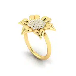 Close-up image of a Sunflower Ring with Pave Center, showcasing detailed petal design and a sparkling pave diamond center on a polished gold or silver band.
