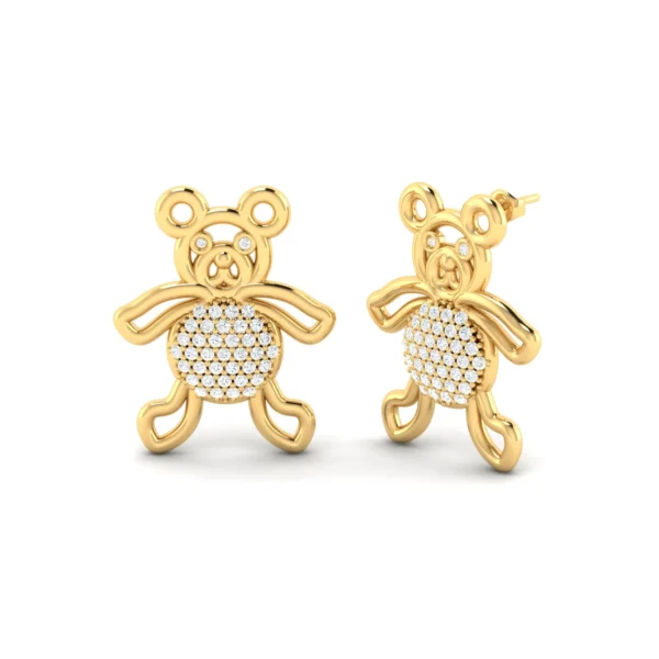 Gold bear-shaped stud earrings with diamond bellies on a white background, reflecting sophistication and playful elegance.