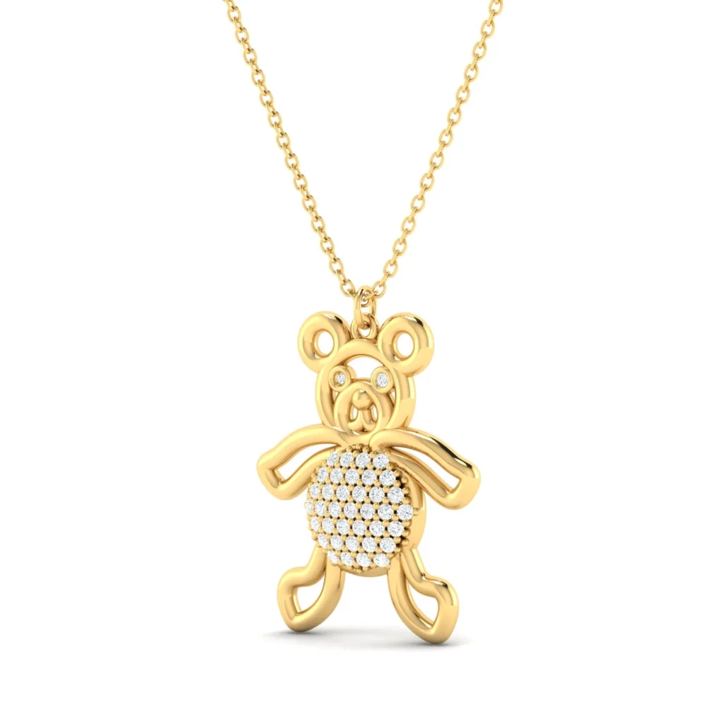 Diamond Belly Bear Pendant, featuring a gold or silver bear with a sparkling diamond in its belly, reflecting light beautifully. wholesale silver jewellery