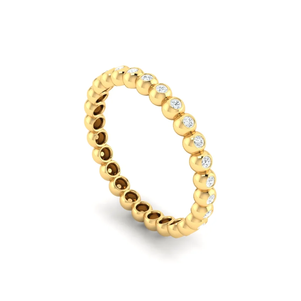 A close-up image of a Bezel-Set Diamond Eternity Ring in gold, featuring continuous round cut diamonds encased in smooth bezel settings, shimmering with natural brilliance. wholesale silver jewellery