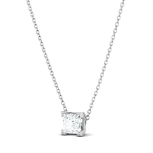 "Princess Cut Solitaire Pendant featuring a single princess cut diamond in a sleek gold or silver setting, radiating sophistication and elegance.
