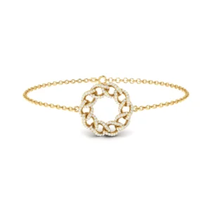 A pave diamond Cuban link bracelet in gold, displaying intricately set diamonds that sparkle brilliantly, positioned elegantly on a plush velvet surface.