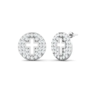 Close-up image of Diamond Cross Disc Stud Earrings featuring sparkling diamonds set in a polished disc with a cross design, reflecting elegance and spiritual meaning.