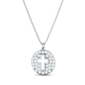 Diamond Cross Disc Pendant featuring a gold disc with a cross made of sparkling diamonds, symbolizing faith and elegance.
