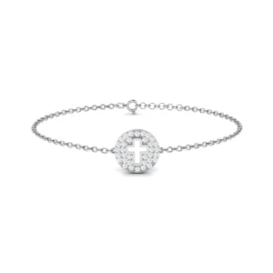Diamond Cross Disc Bracelet with sparkling diamonds embedded in a delicately designed cross, set against a sleek, adjustable silver chain."