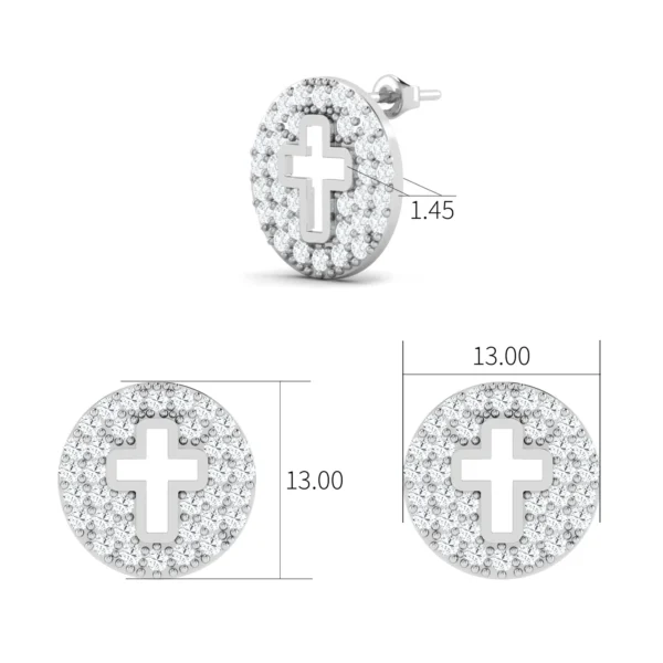 Close-up image of Diamond Cross Disc Stud Earrings featuring sparkling diamonds set in a polished disc with a cross design, reflecting elegance and spiritual meaning.