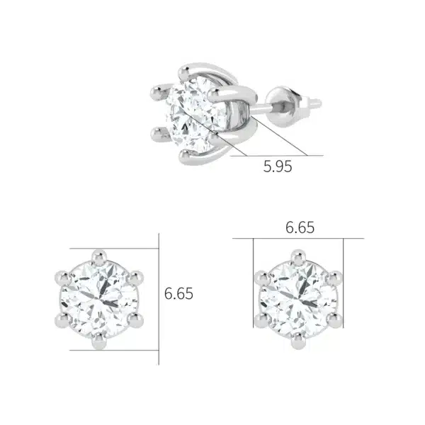Round cut solitaire diamond stud earrings in a prong setting, reflecting light brilliantly.