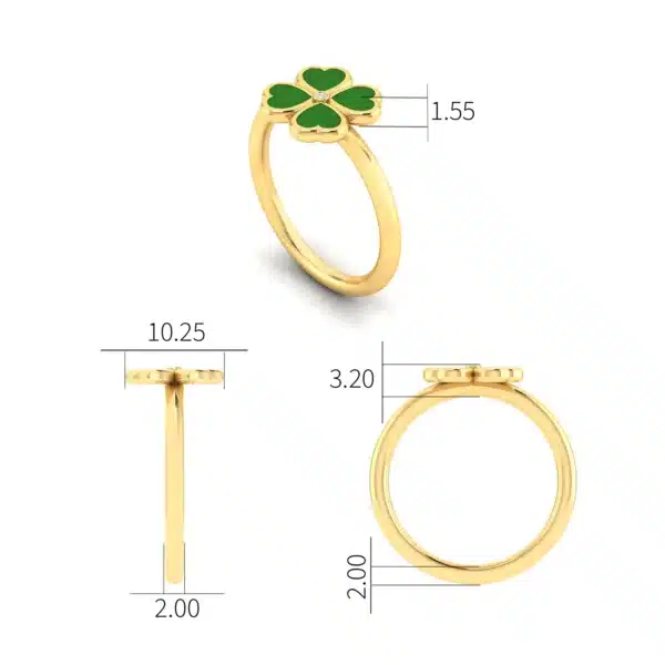 Four-Leaf Clover Ring with green enamel detailing and a sparkling center diamond, set against a contrasting background to highlight its design features and craftsmanship.